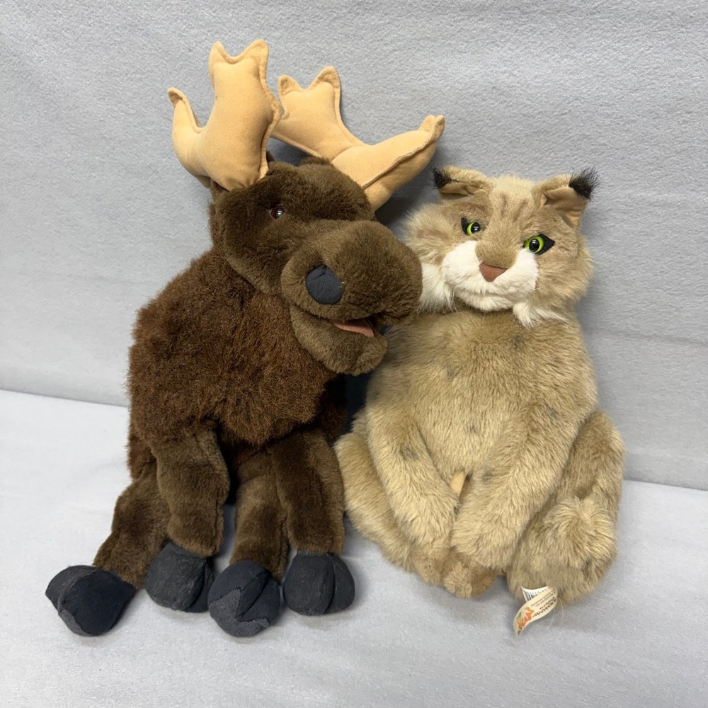 Folkmanis Moose and Bobcat Full Body Hand Puppets Bundle Brown Tan Plush 2pc